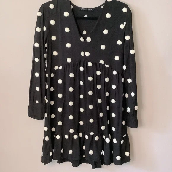 chinese dress ladies Zara Women's Black White Polka Dot V-Neck Long Sleeve A-Line Mini Dres   Brie